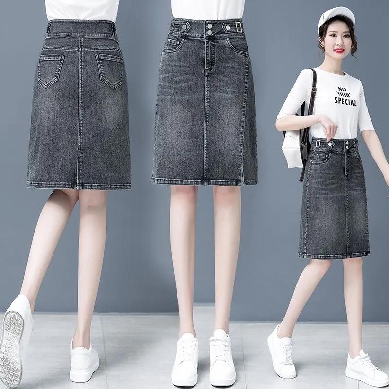 Spring Summer Plus Size Skirt for Women High Waist Large Size Slit Black or Blue Jeans Skirts Korean Slim Femme A-line Skirt