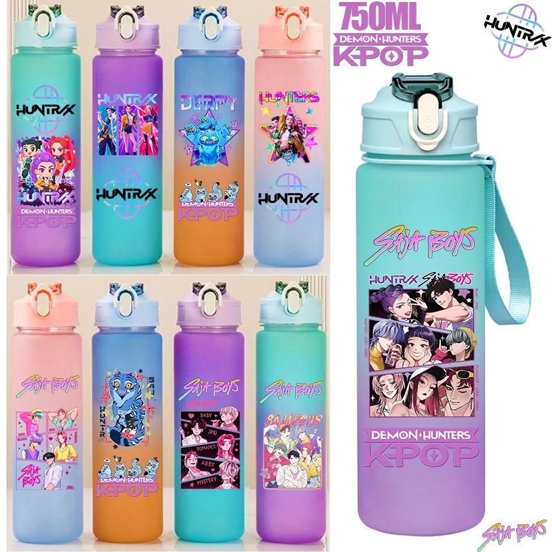 750ML KPop Demon Hunters HUNTR/X Rumi Mira Zoey Jinu Gradient Color Water Cup Child Straw Drinking Bottle Saja Boys Tiger Gift