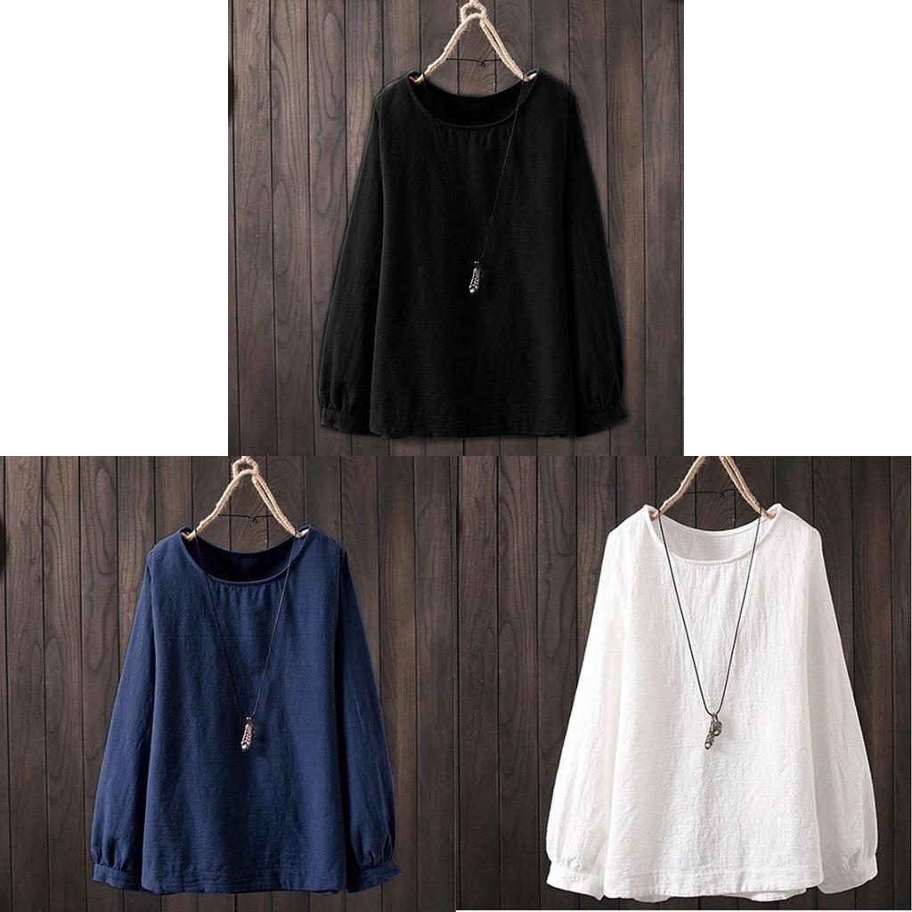 Cotton Linen Long Sleeve Shirt For Women With Round Neck And Relaxed Fit