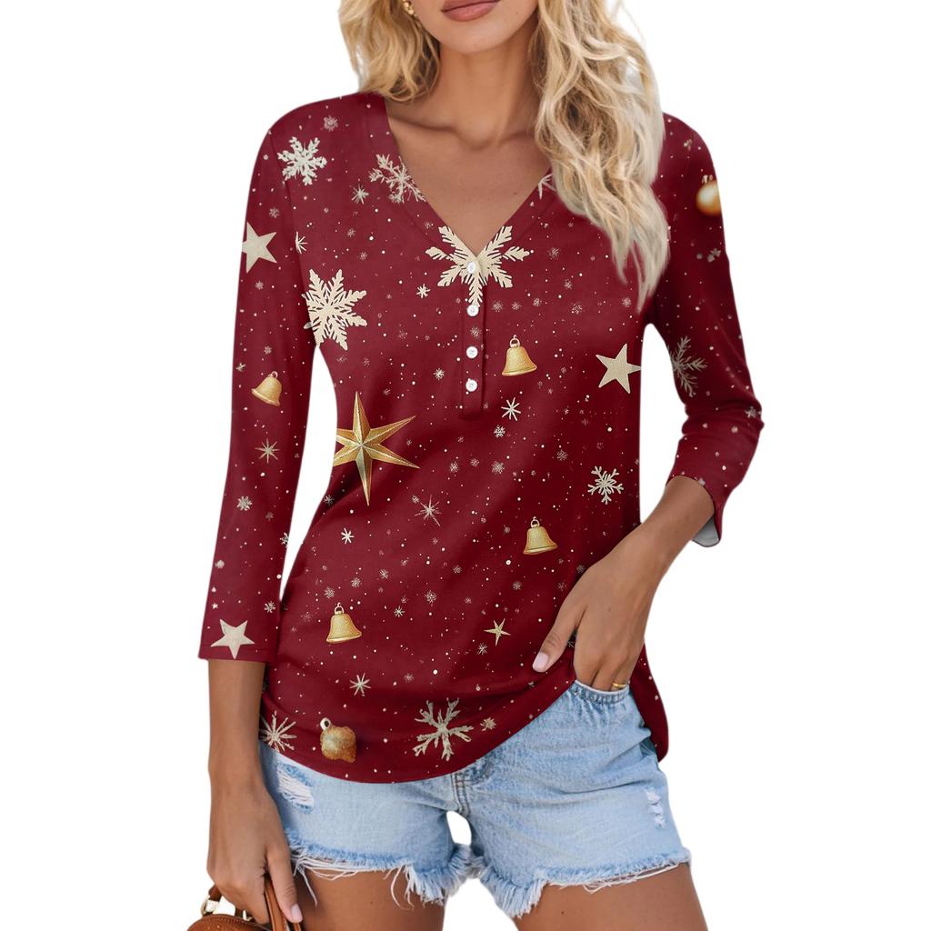 Women's Casual Fashion Sexy Comfortable Christmas Print V-Neck Button Three-quarter Sleeve Top