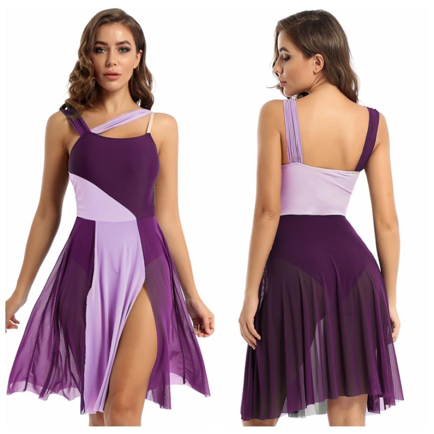 Ärmlös färgblock Balett Dans Gymnastik Body Mesh Overlay Balett Samtida Dansklänning Lyrisk Leotard Performance Kostym