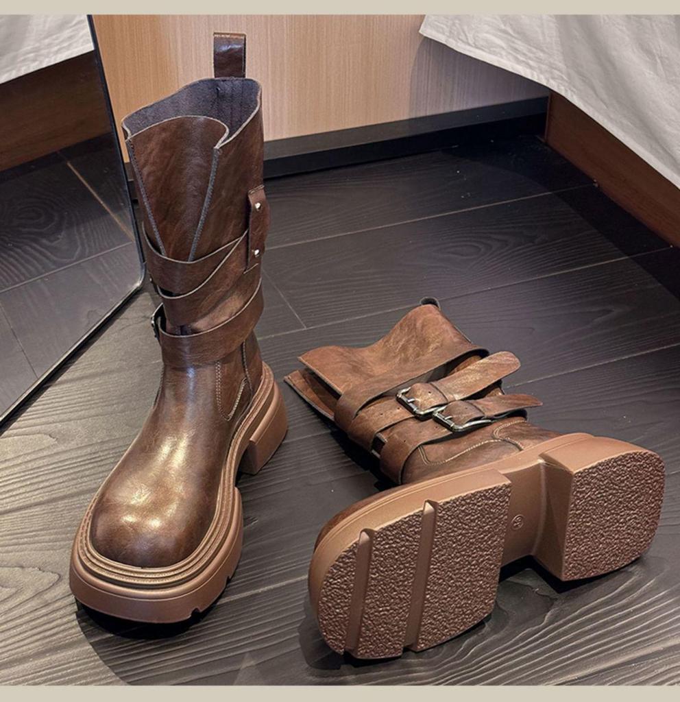 Women's 2025 Autumn Martin Boots with Belt Buckle - Versatile, Slimming, Thick Sole, Height-Boosting Short Boots for Women and Men