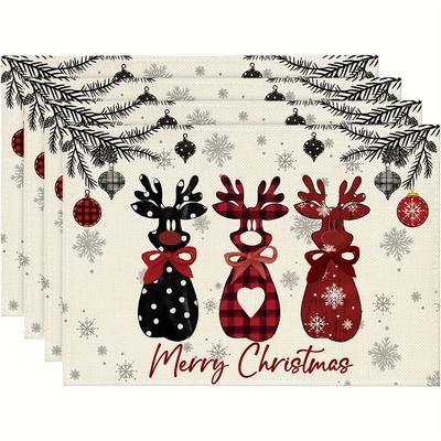 4pcs Set Winter Plaid Reindeer Snowflake Pattern Christmas Placemats Seasonal Daily Holiday Decor Suitable for Home Kitchen