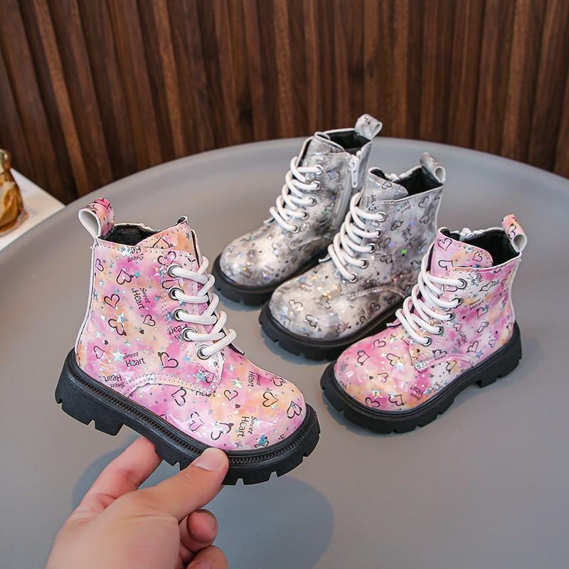 2025 Autumn and Winter New Bright Leather Printed Children's Martin Boots Girls Round Head Medium Leather Boots Boys Boots Tide