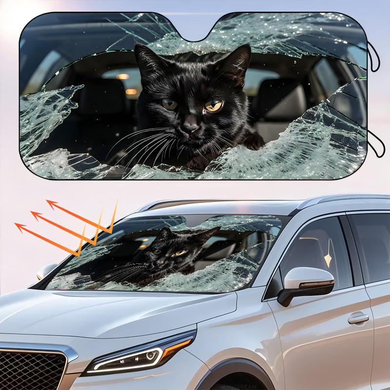 1Pcs Black Cat Theme Pattern Windshield Sunshade UV Rays Heat Blocker Keeps Vehicle Cool Unique Design Fit Sedans SUVs RVs