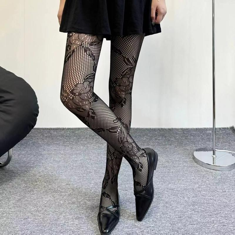 

Summer Retro Women s Tights Sexy Lace Floral Fishnet Ladies Pantyhose Breathable Mesh Female Tights Ultra Thin Long Stockings One Size чорний