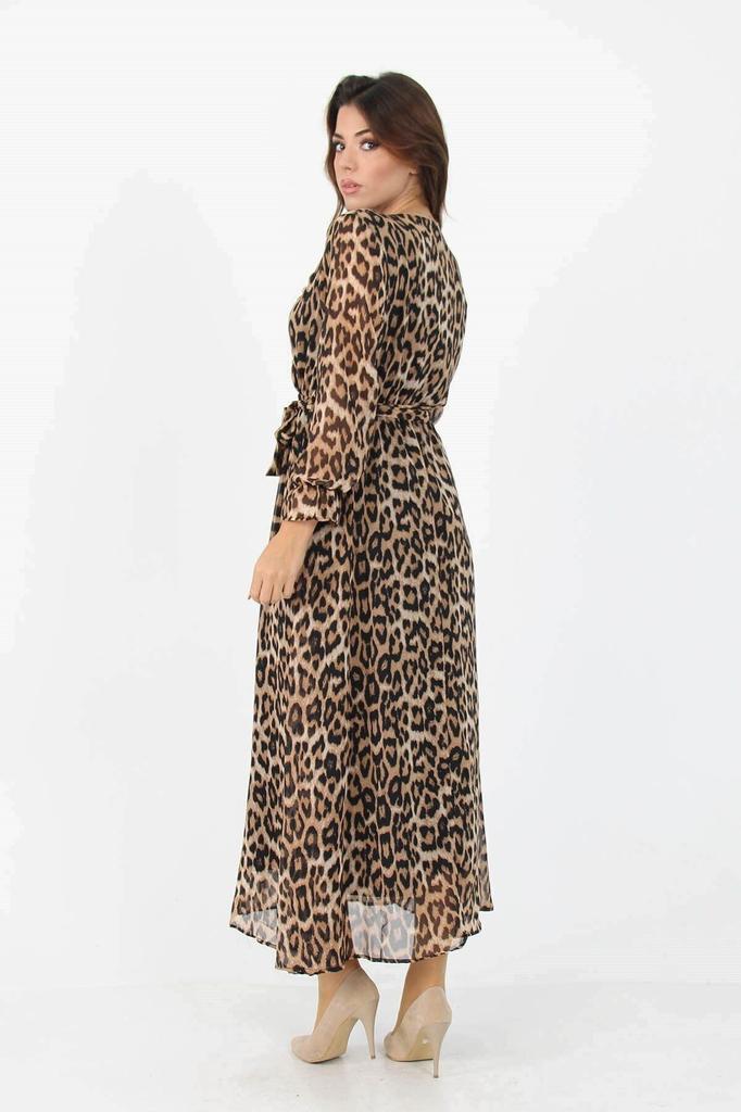 Rochie de dama marime mare Rochie din sifon, lunga, cu guler dublu, leopard