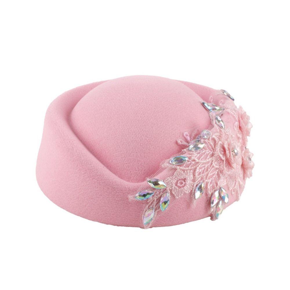 Vintage Topper Hat Flower Felt Beret Uniform Stewardess Hat Formal Hat Fashion Show