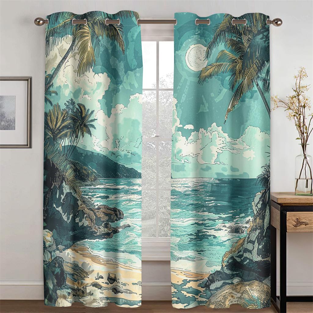 3D Palm Tree Sea Coast Retro Sea View Curtains Beach Sunset Living Room Bedroom Kitchen Balcony Decor New Products Promo 2 pcs