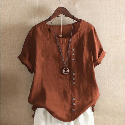 Summer Women Tops Casual Short Sleeve O Neck Cotton Linen Blouse