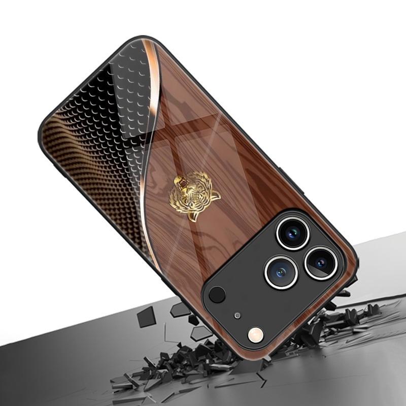 Holzmaserung Tigerkopf Muster Gehärtetes Glas Handyhülle Für iPhone 11 12 13 14 15 16 17 Pro Max 17 Air 7 8 Plus XR XS X Abdeckung