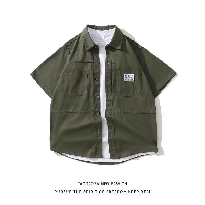 

Cotton Short sleeve Men s Clothing Shirts Loose Plus size Fat Man Lapel Cargo Shirt European and American Fashion Brand Half Sleeve Outerwear 122 pure cotton parka shirt Army Green 5XL