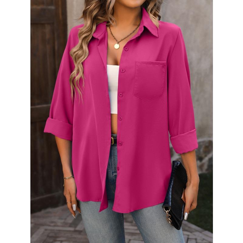 Women's Fashion Casual Spring Fall Solid Color Print Long Sleeve POLO Neck Blouses & Shirts
