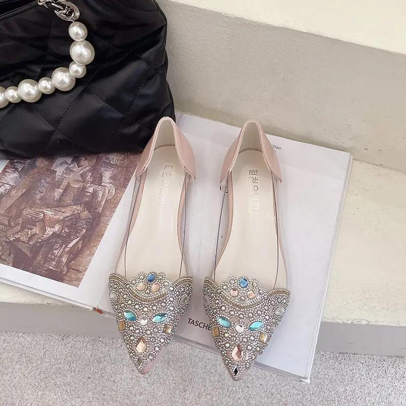Fashion Women's Flat Shoes Transparent Clear Diamond Red Pointed Toe Rhinestone Ladies Footwear with Crystals Cheap Clearance Stylish 39