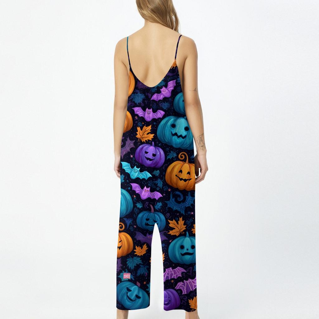 Womens Halloween Print Casual Loose Fit Jumpsuit Spaghetti Strap Wide Leg Romper One Piece Outfit for Everyday Wear
