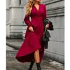Autumn Fashion Style Fashion Commuter Ol Pure Color V-neck Waist-Controlled Slimming Temperament Long Sleeve Large Swing Dress Dress Dress