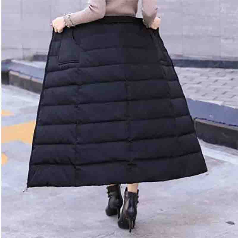 Damen Daunenrock aus Baumwolle, A-Linie, hohe Taille, Taillenschutz, warm, winddicht, verdickender einteiliger, mittellanger Hüftrock