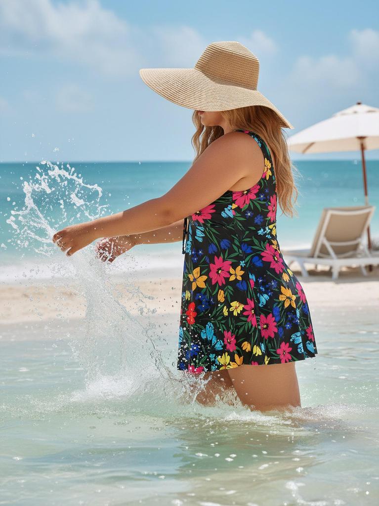 Europejski i Amerykański Zestaw Spódniczka Tankini Kwiatowa Plus Size - Czarny.