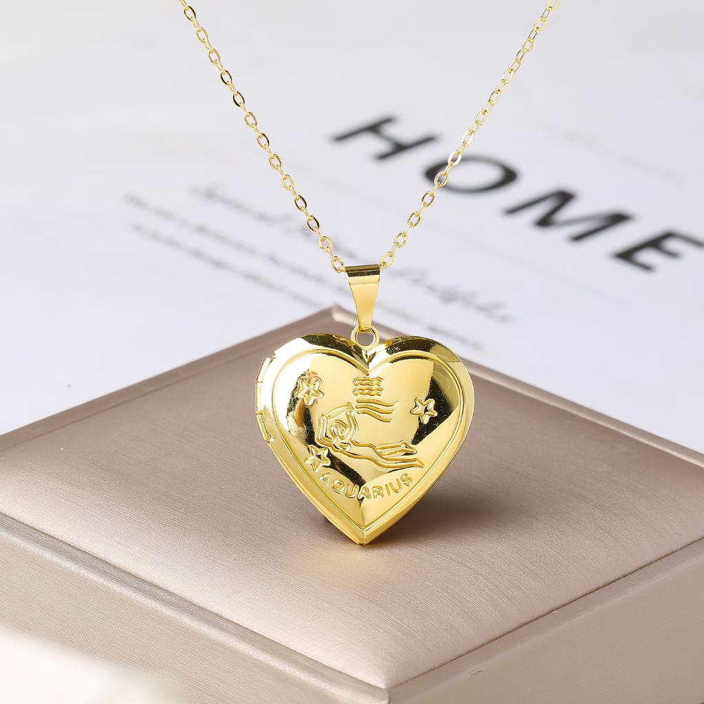 12 Zodiac Signs Openable Photo Frame Heart Locket Necklace for Women Gold Plated Astrology Horoscope Photo Pendant Jewelry Gift