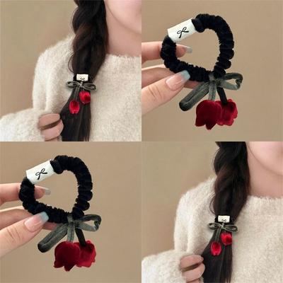Velvet Scrunchies Elastic Hair Band Burgundy Cherry Fruit Hair Rope Tie Ponytail Holder Rubber Band Hair Accessories Headdress