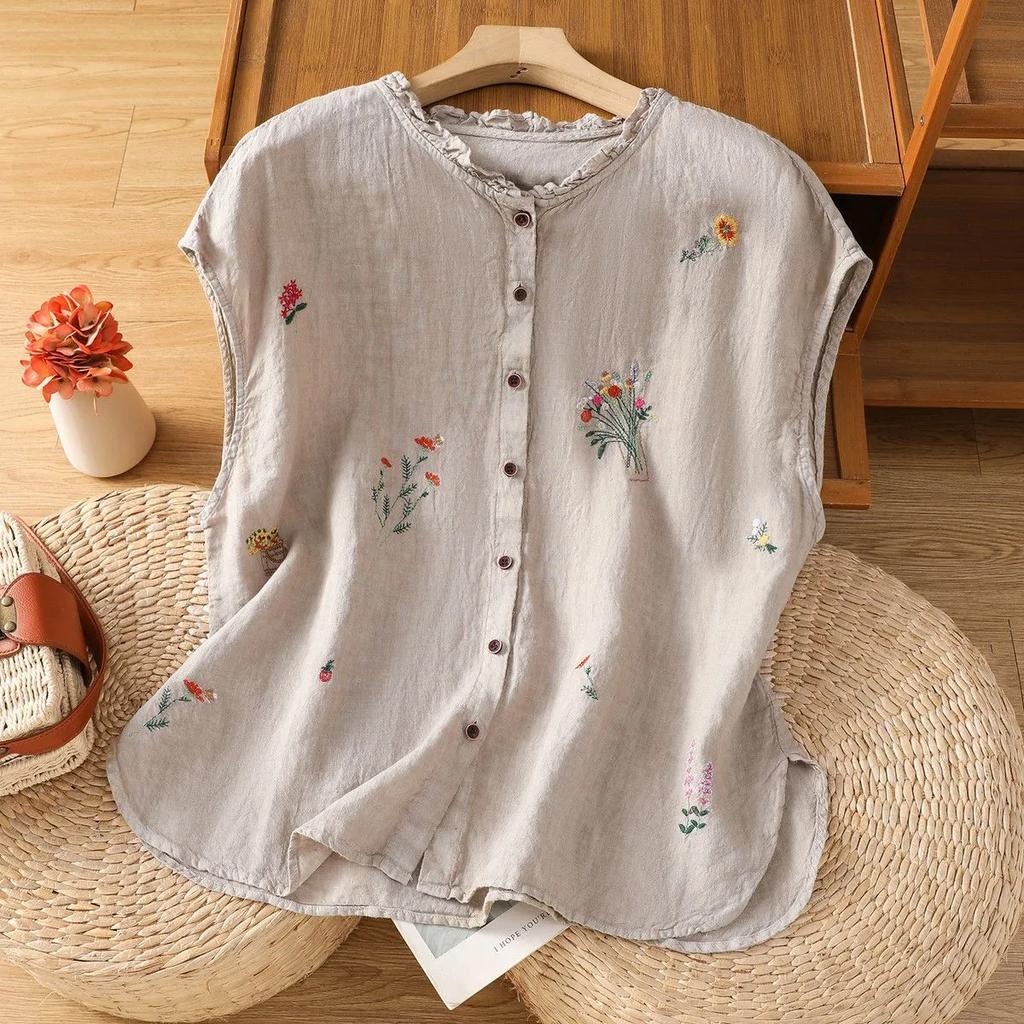 Camiseta sin mangas de algodón y lino con bordado literario para mujer, verano, cuello de hongo, estilo Fogn, chaleco casual versátil para mujer