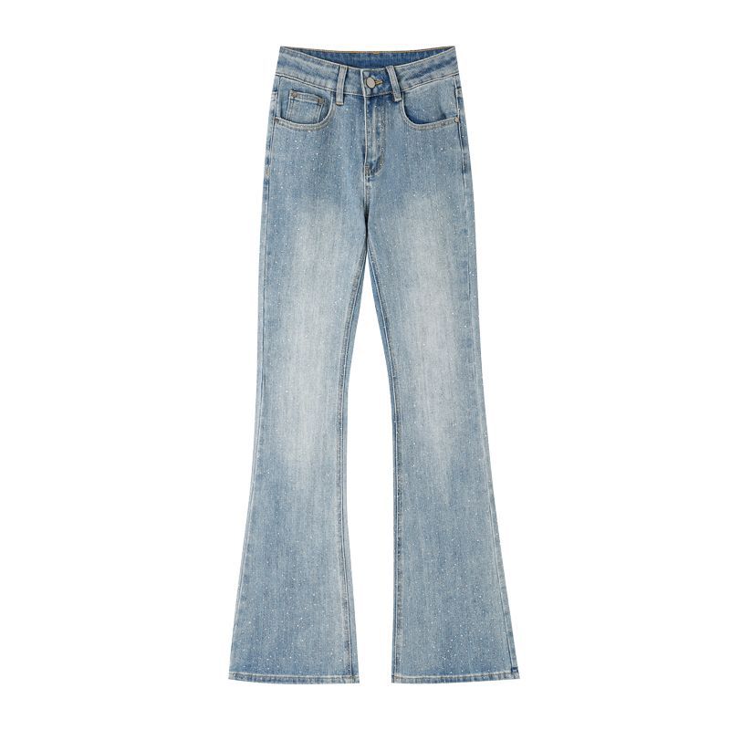 Spring Summer Full Star Rhinestone Bamboo Texture Vintage Mid Low Waist Micro Flare Elegant Denim Pants Women Casual Pants Oversize Denim Trousers