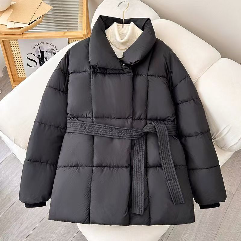 New women's waist autumn and winter stand-up collar down cotton clothes solid color lace-up women's versatile coat