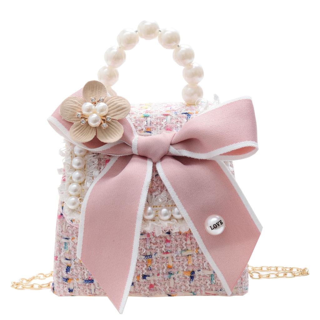 Adorable Pearl Mini Handbag For Kids Fashionable Winter Bow Decorated Coin Purse