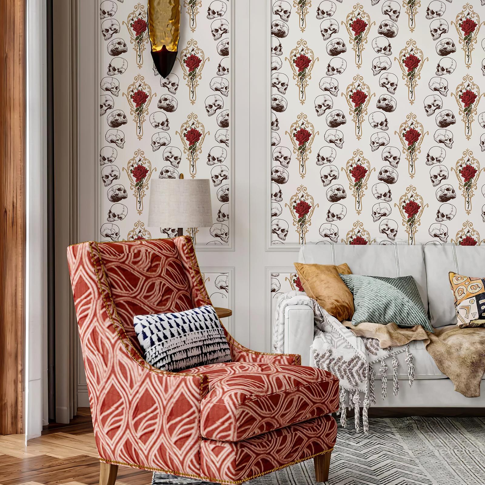 

Обои Розовый Тростник Хэллоуин Череп Шутка или угощение Скелет Настенный декор Цветок Самоклеящаяся наклейка для шкафа Контактная бумага 44cmx300cm