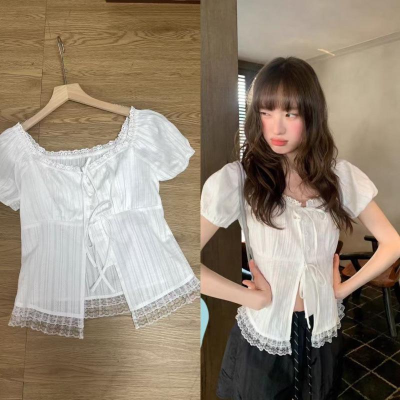 Women s Chic White Short Sleeve Lace Trim Tie-Up Square Neck Top Extra Large белый