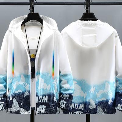Gradient Print Hooded Drawstring Pockets Zipper Placket Windbreaker Jacket Men Summer Thin Sun Protection Coat