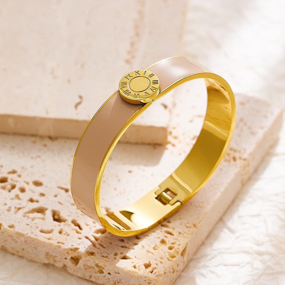 Luxury Roman Number Enamel Titanium Steel Bracelet 18K Gold Plated Waterproof Cuff Bangle Jewelry Best Gift for Women Girlfriend