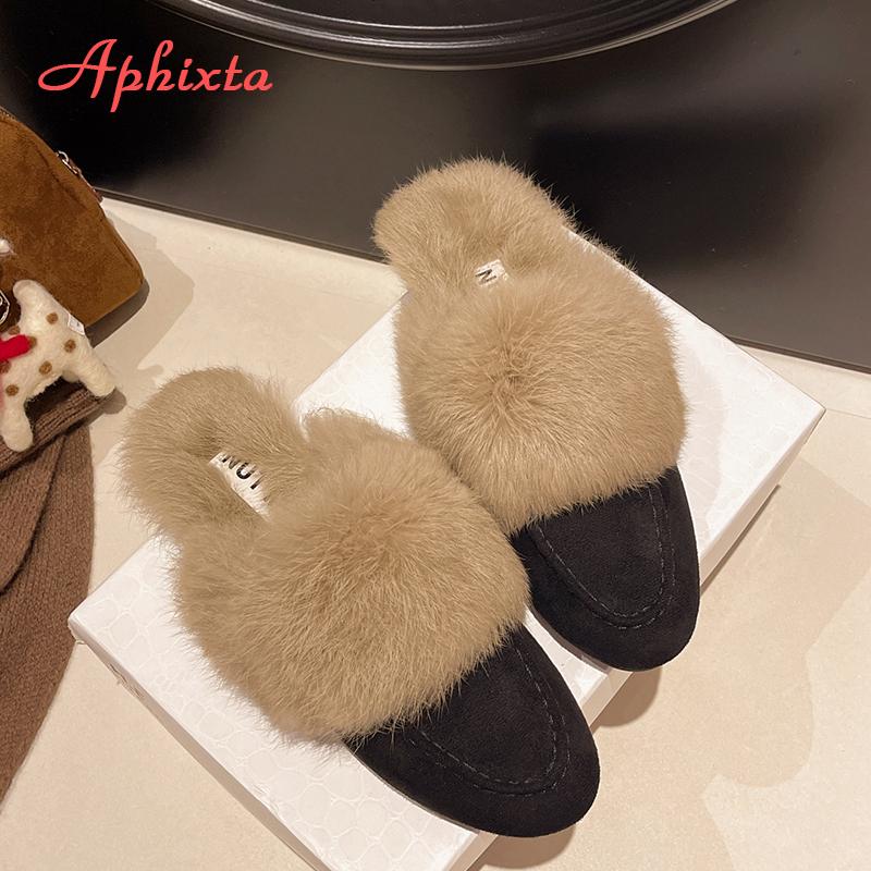 Aphixta New Warm Winter Slippers Women Slippers Furry Round Toe Shoes Indoor Flat Heel Hair Slides Zapatos De Mujer Pantunflas