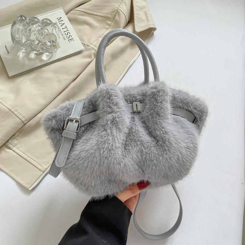 Chic Plush Women's Tote Bag, Imitati Mink Fur Women Handbag, Vegetable Basket Bag, Pleated Bag, Stylish Shoulder Crossbody Bag