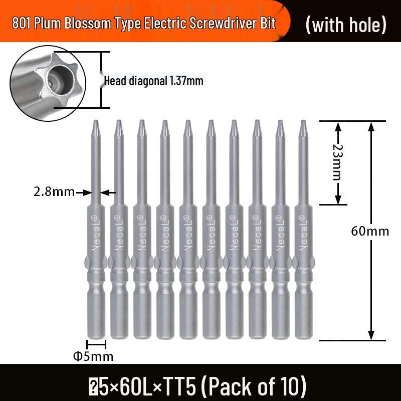 Nigao S2 Torx Electric Screwdriver Bit, 801 with Hole, 5mm Round Shank
