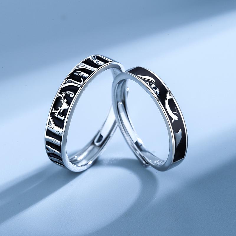 Pierścionki dla par s999 Czyste Srebro Retro Wieloryb i Jeleń: Japoński i Koreański Design Niszowy, Otwarte Pierścionki Dopasowujące się, Prezent Świąteczny