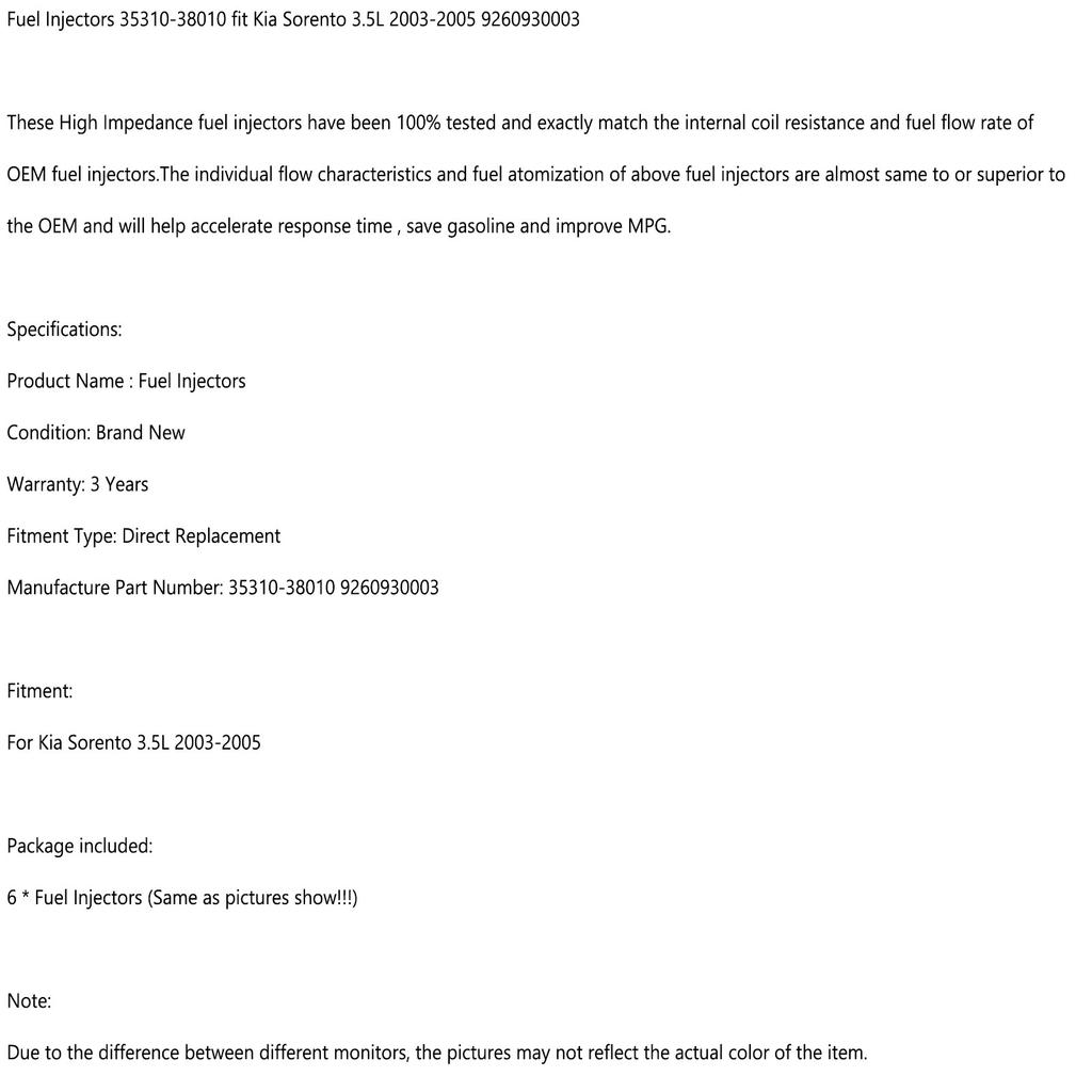 6pcs Fuel Injectors 35310-38010 Fit for Kia Sorento 3.5L 2003-2005 9260930003