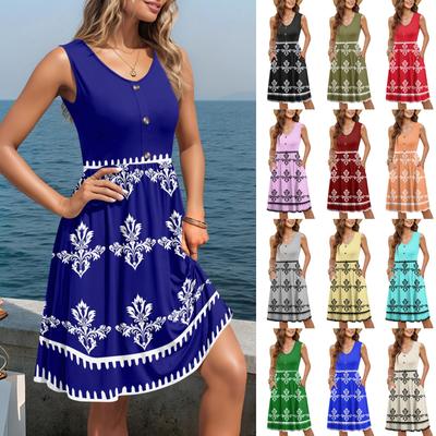 Women Casual Sleeveless Summer Dresses  Spring Crewneck Patchwork Boho Floral  Cocktail Party  Dress