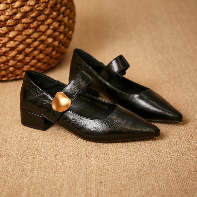 French Block Heel Single Shoes Women Spring and Autumn New Metal Buckle Pointed Toe Shallow Mouth One Belt Mary Jane Shoes
