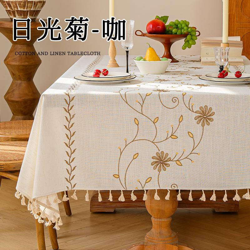 Cotton Linen Table Cloth Heavy Duty Embroidery Tablecloths Farmhouse Tablecloth Soft and Wrinkle Free Table Cover with Tassels
