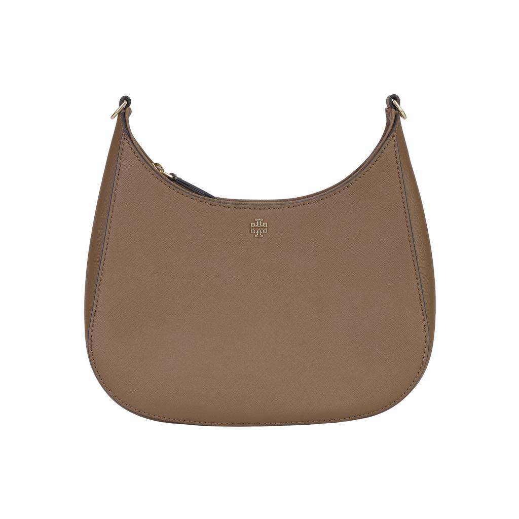 Tory Burch Emerson Minimalist Casual Zipper Opening Textured Leather Crescent Bag Women Shoulder Bag Brown 137417-909