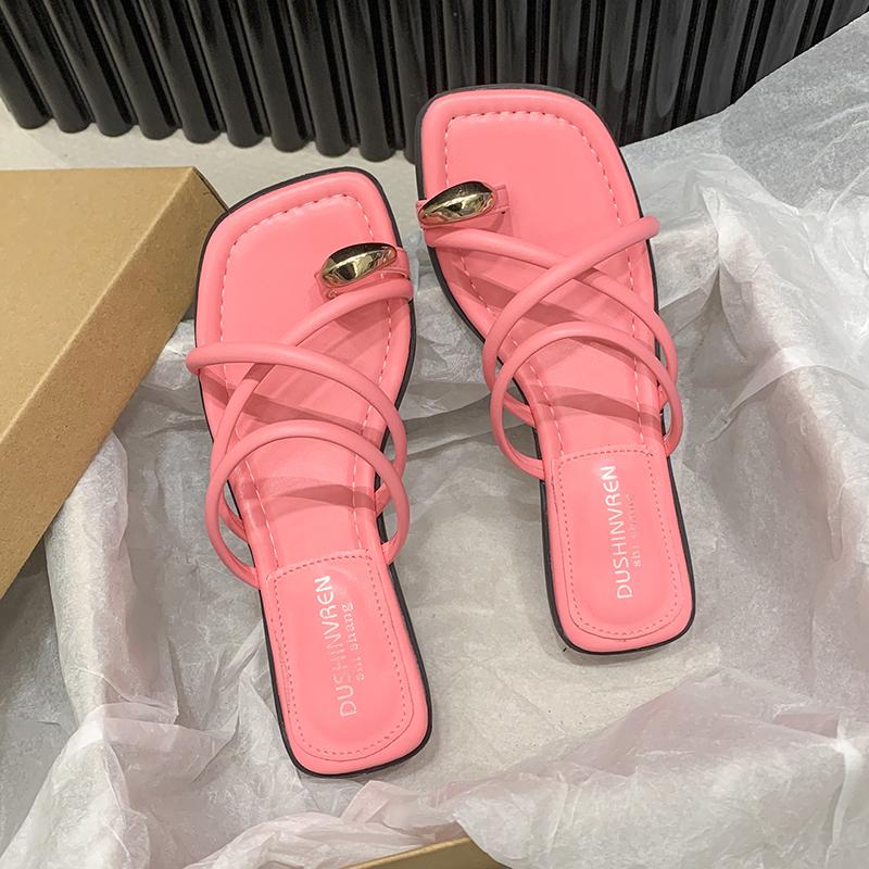 Aphixta Metalen Gesp Dec Dames Teenslippers Zomer Strand Slippers Smalle Band Schuifsandalen Snoepkleur Zoete Slippers Platte Sandalen