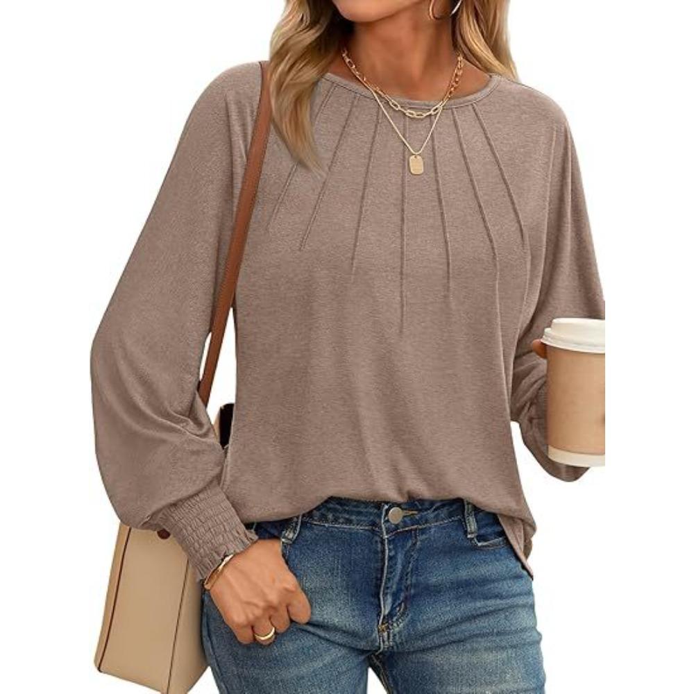 Women's Ruched Long Sleeve Blouse Casual Loose Fit Crew Neck Top Solid Color T-Shirt