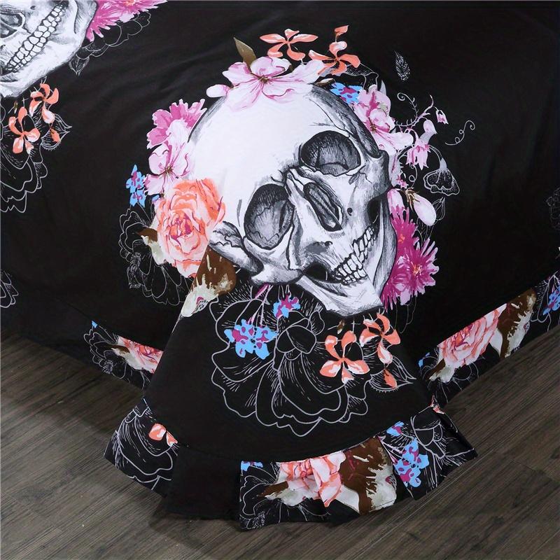 3D Pattern Effect Skull Flower Skull Bride Bedding Set Duvet Cover with Pillowcase Bedding Three-Piece Bedroom Decor Set Small
