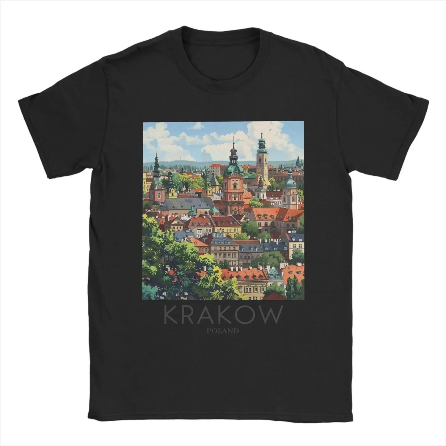 

Vintage A Pop Art Travel Print of Krakow Poland T-Shirt for Round Collar Cotton T Shirt Short Sleeve Tees Plus Size Clothes S чёрный
