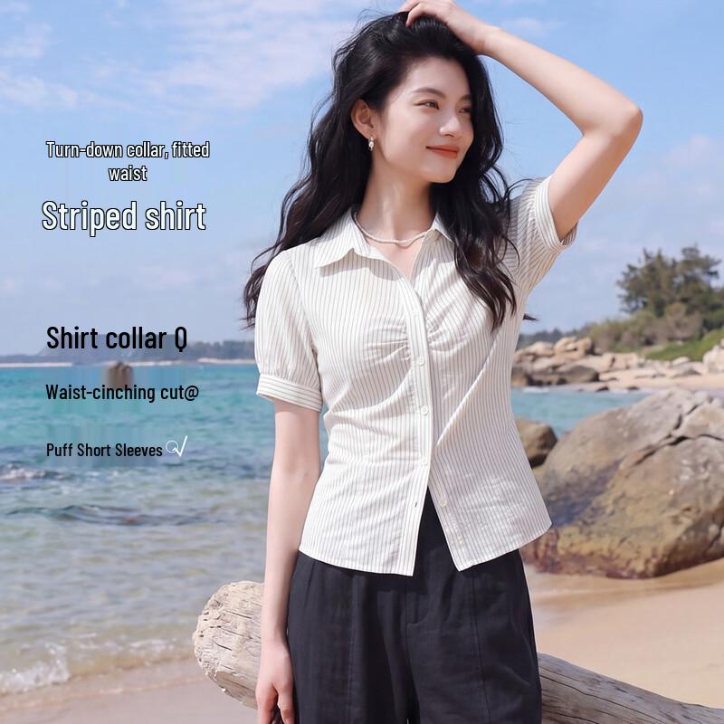 FivePlus Summer Striped Lapel Short-Sleeve Blouse L
