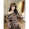 Color-Block Striped One-Shoulder Lace-up Long-Sleeve Tee, Women's Early Autumn Sexy Slim-Fit Top