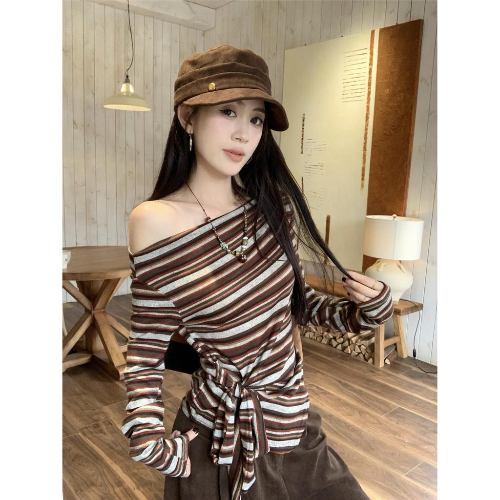 Color-Block Striped One-Shoulder Lace-up Long-Sleeve Tee, Women's Early Autumn Sexy Slim-Fit Top