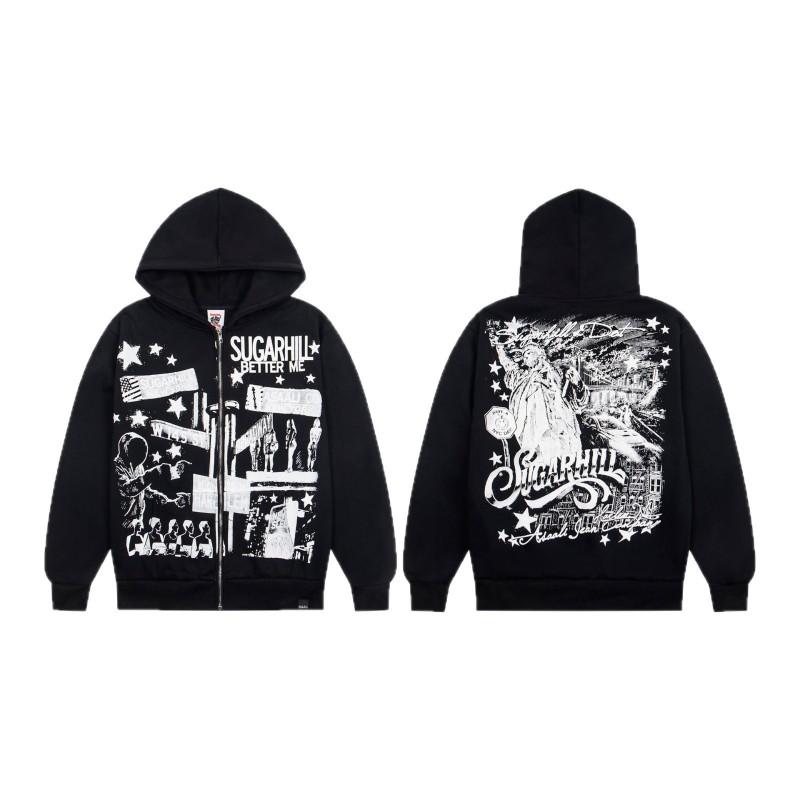 Vintage American Style Hooded Sweatshirt Set Loose Fit Winter Fleece Graphic Print Streetwear Youth