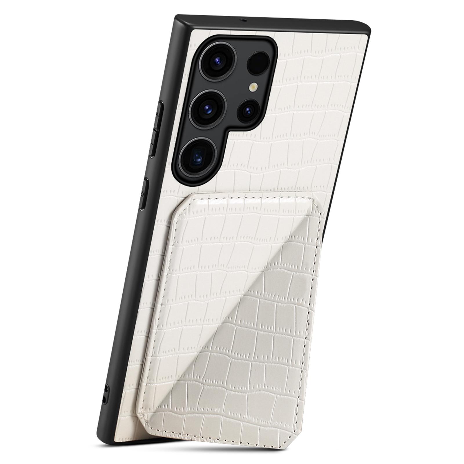 

For Samsung Galaxy S25 Ultra Case with Card Holder Leather+PC+TPU Crocodile Textured Back Cover White